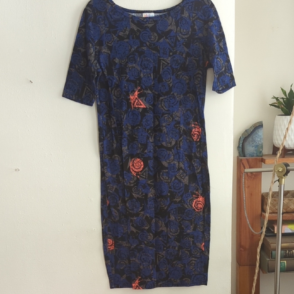 LuLaRoe Blue and Orange Midi Sheath Dress with 3/4 Sleeves
